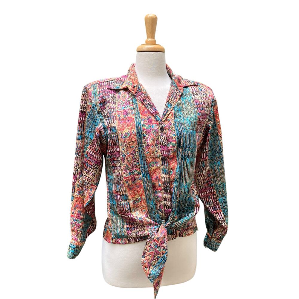 VTG Artsy Patchwork Multi-Print Blouse Sz Md Colorful Tie Front Button Down Top - Picture 5 of 13
